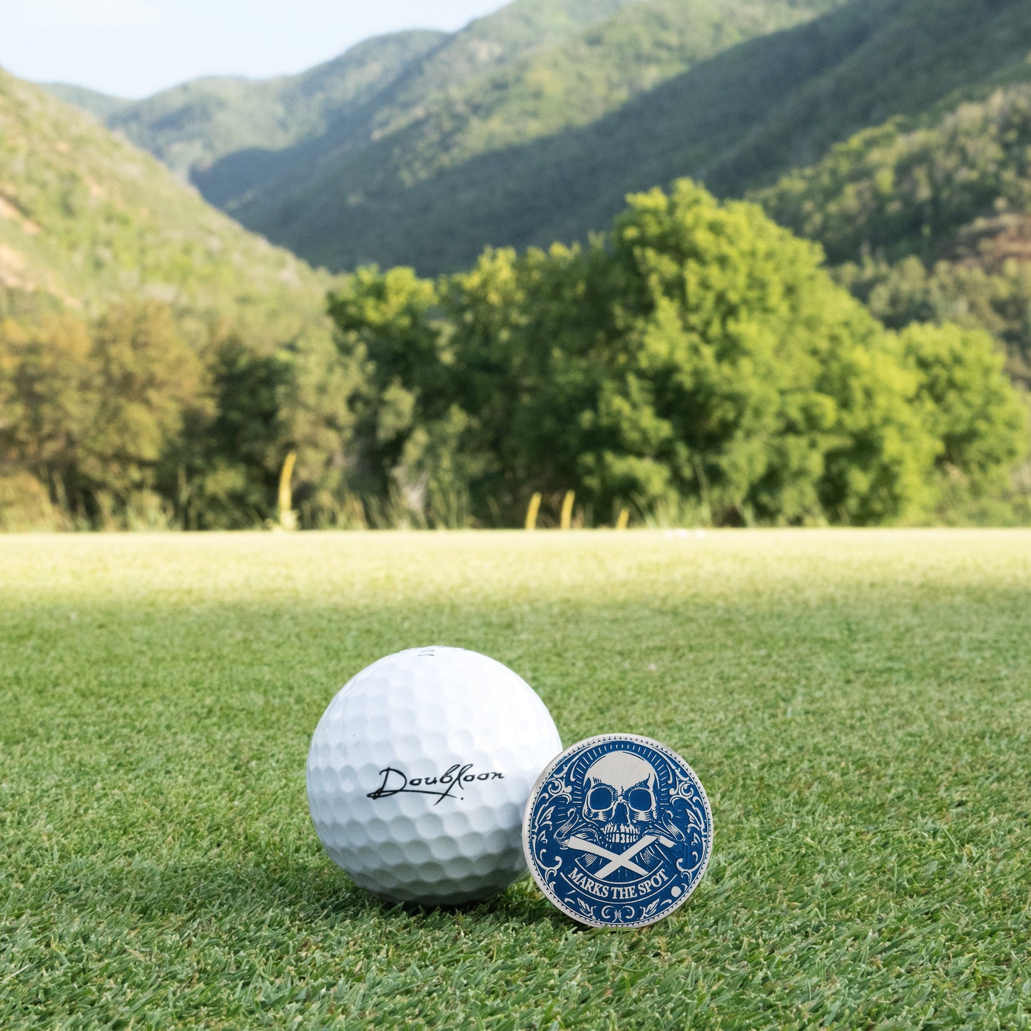 A Doubloon Silver Omen Antique, Color Edition golf ball and blue personalized marker sit on green grass with trees and mountains behind under a clear sky.