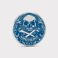 The Silver Omen Antique, Color Edition by Doubloon is a round sterling silver golf ball marker with a blue skull and crossbones, "MARKS THE SPOT" banner, and ornate borders—adding a striking touch to your game.