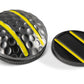 The OnPointGolf.us Two Rail Ball Marker features two round, black markers with raised yellow stripes—one has a dimpled metallic finish, the other is flat and smooth. Both are designed as golf alignment tools with parallel yellow stripes.
