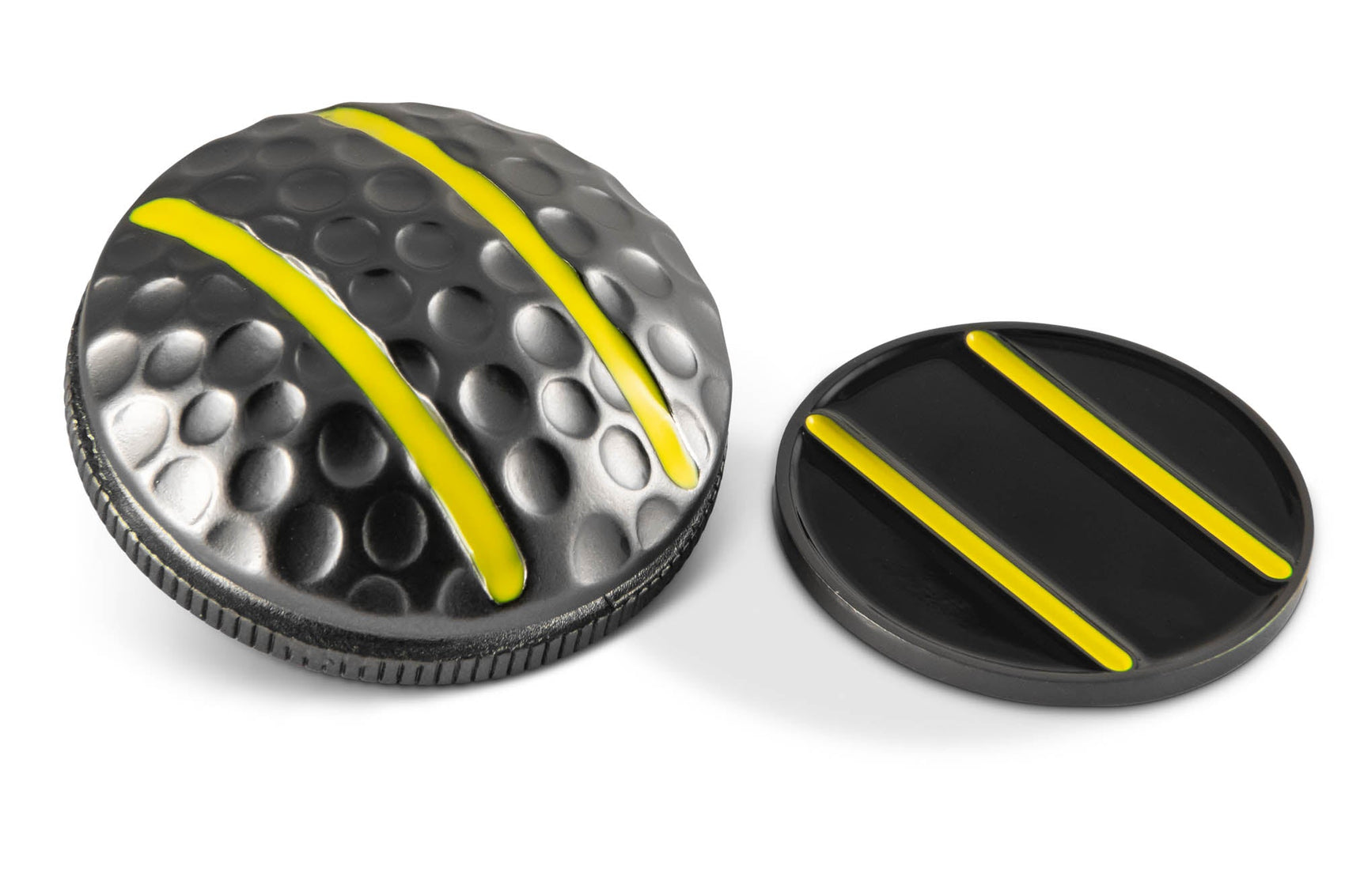 The OnPointGolf.us Two Rail Ball Marker features two round, black markers with raised yellow stripes—one has a dimpled metallic finish, the other is flat and smooth. Both are designed as golf alignment tools with parallel yellow stripes.