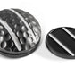 The OnPointGolf.us Two Rail Ball Marker features two metallic, round markers with textured surfaces and shiny silver stripes—one stacked atop the other, with the second used flat as a golf alignment tool.