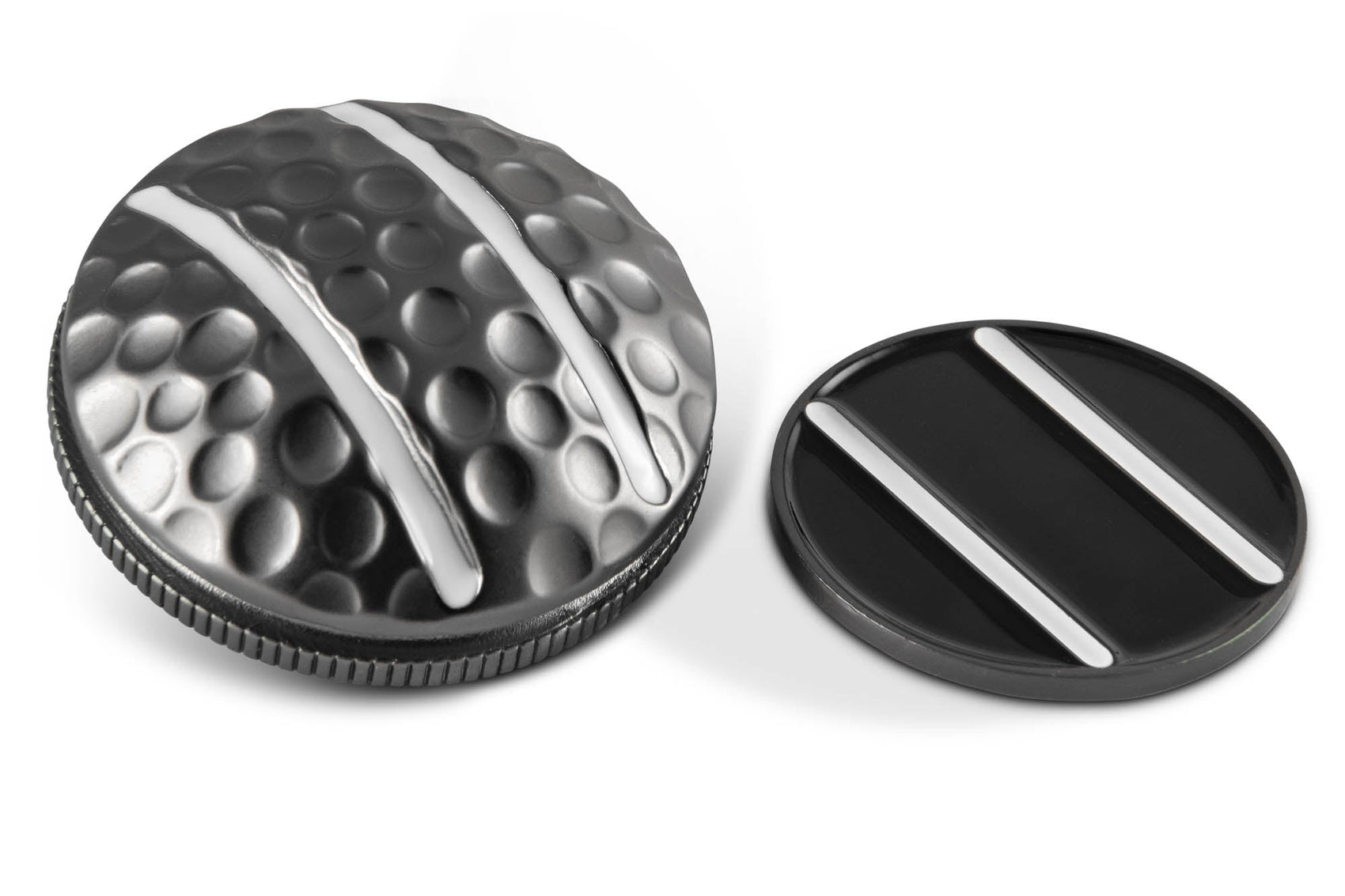 The OnPointGolf.us Two Rail Ball Marker features two metallic, round markers with textured surfaces and shiny silver stripes—one stacked atop the other, with the second used flat as a golf alignment tool.
