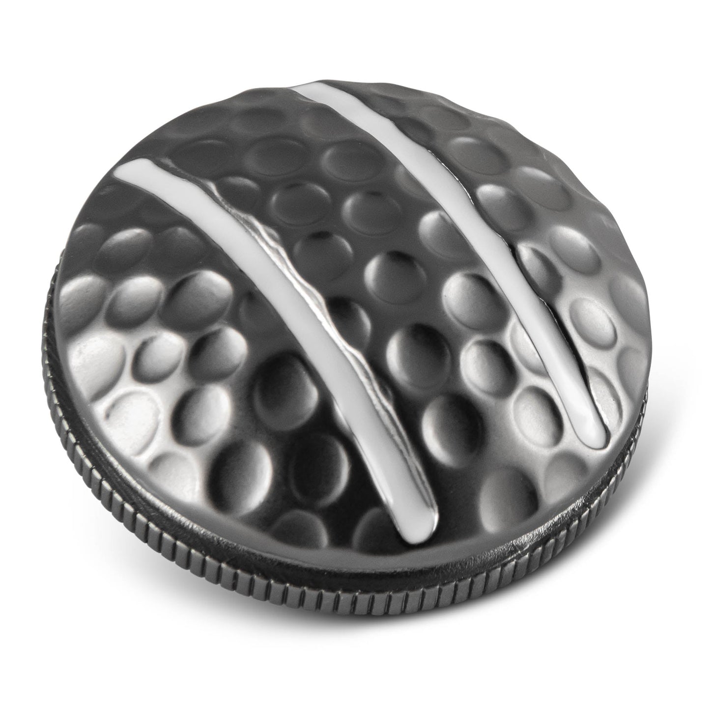 The Two Rail Ball Marker by OnPointGolf.us is a round, metallic 3D marker with a dimpled golf ball texture, two smooth raised silver stripes, and a ridged edge—an ideal and unique putting aid.