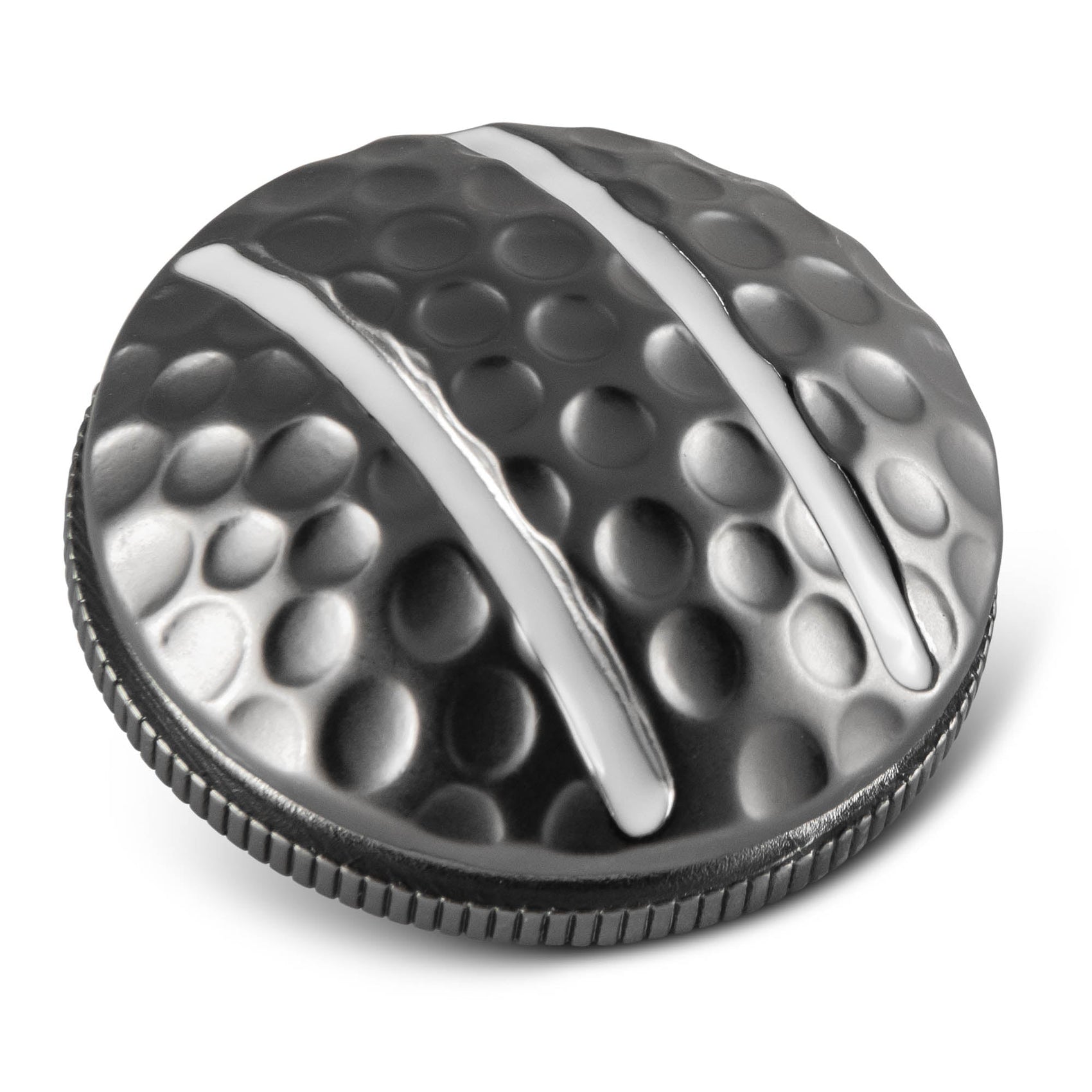 The Two Rail Ball Marker by OnPointGolf.us is a round, metallic 3D marker with a dimpled golf ball texture, two smooth raised silver stripes, and a ridged edge—an ideal and unique putting aid.