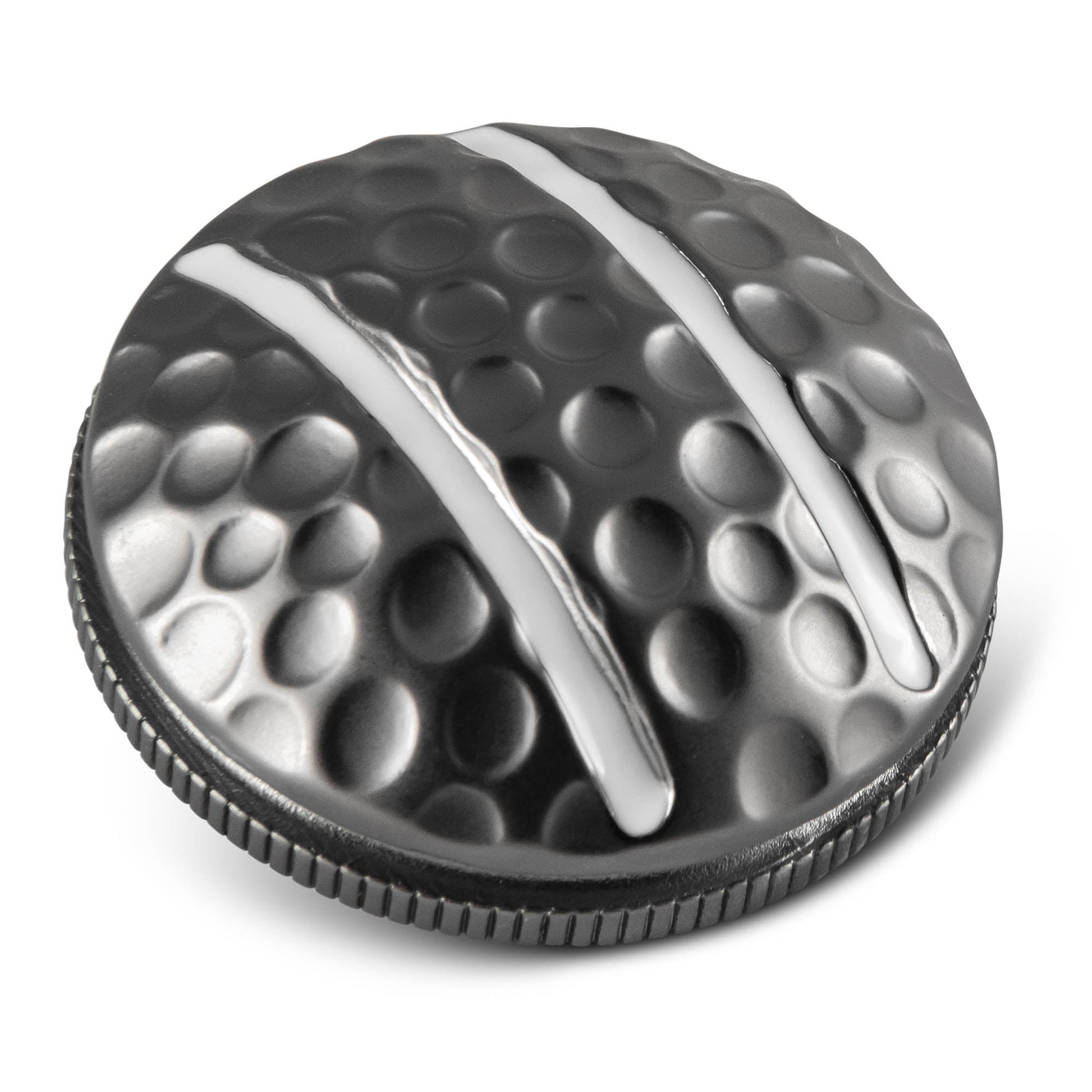The Two Rail Ball Marker by OnPointGolf.us is a round, metallic 3D marker with a dimpled golf ball texture, two smooth raised silver stripes, and a ridged edge—an ideal and unique putting aid.