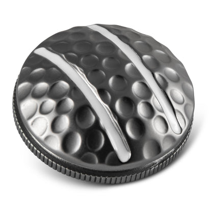 The Two Rail Ball Marker by OnPointGolf.us is a round, metallic 3D marker with a dimpled golf ball texture, two smooth raised silver stripes, and a ridged edge—an ideal and unique putting aid.