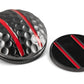 The OnPointGolf.us Two Rail Ball Marker set includes a metal 3D marker and matching magnetic hat clip, both with a black finish and two red stripes. The dimpled clip mimics a golf ball, making this a stylish putting aid and alignment tool.