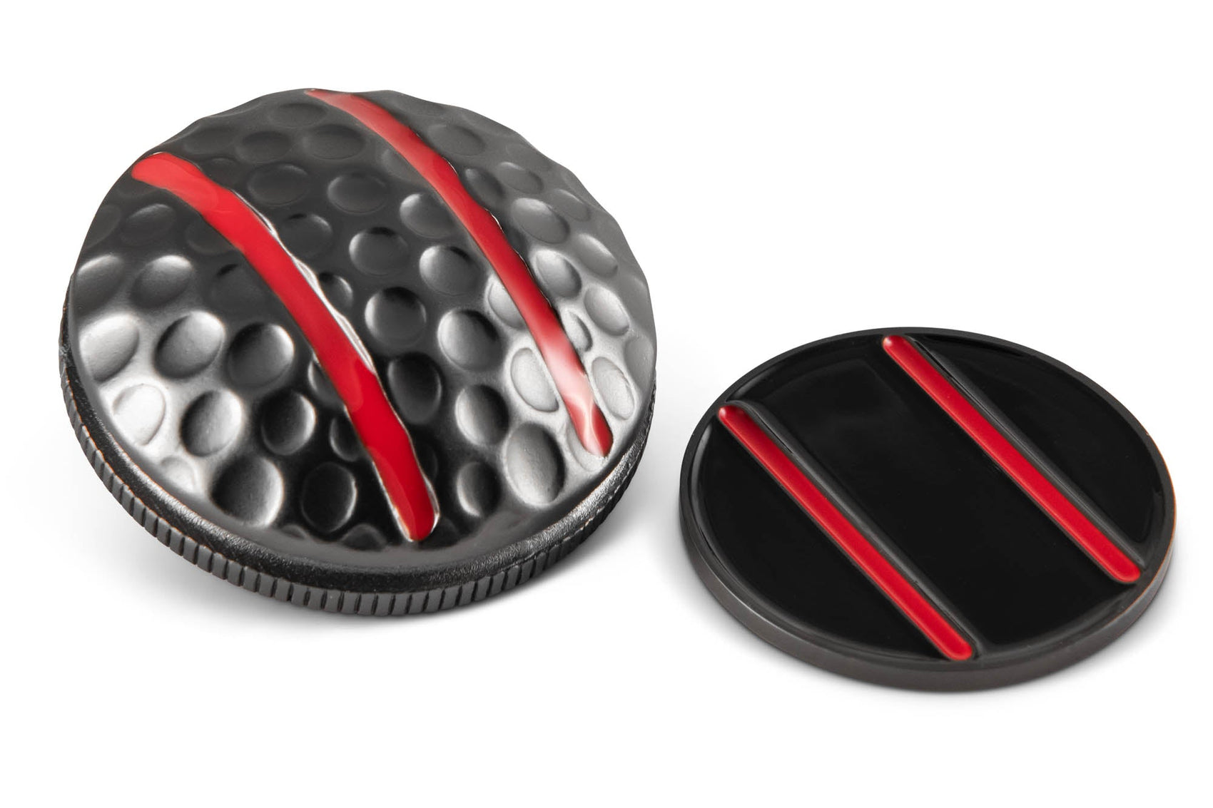 The OnPointGolf.us Two Rail Ball Marker set includes a metal 3D marker and matching magnetic hat clip, both with a black finish and two red stripes. The dimpled clip mimics a golf ball, making this a stylish putting aid and alignment tool.