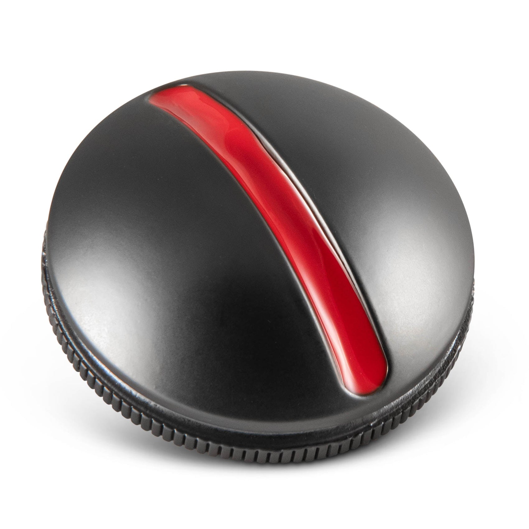 The OnPointGolf.us One Rail Smooth Ball Marker is a round, black golf alignment tool with a red curved stripe and textured edge, resembling a button or dial, shown on a white background.
