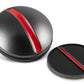 Two round black One Rail Smooth Ball Markers from OnPointGolf.us, each with a red diagonal stripe—one upright with a ridged edge, one flat and smooth. Both resemble stylized screw heads and serve as unique golf alignment tools or 3D ball marker putting aids.