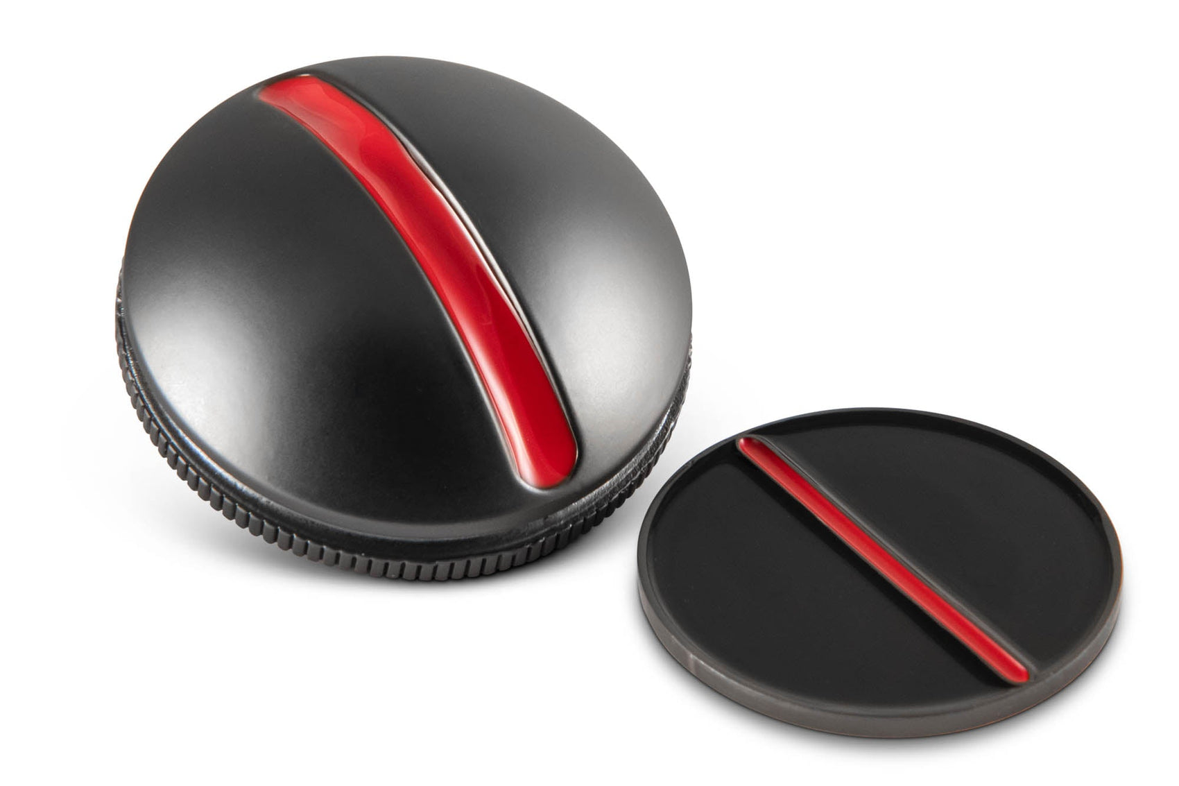 Two round black One Rail Smooth Ball Markers from OnPointGolf.us, each with a red diagonal stripe—one upright with a ridged edge, one flat and smooth. Both resemble stylized screw heads and serve as unique golf alignment tools or 3D ball marker putting aids.