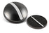 Two round black One Rail Smooth Ball Markers from OnPointGolf.us, each featuring a shiny silver stripe, function as stylish 3D golf alignment tools and are displayed on a white background.
