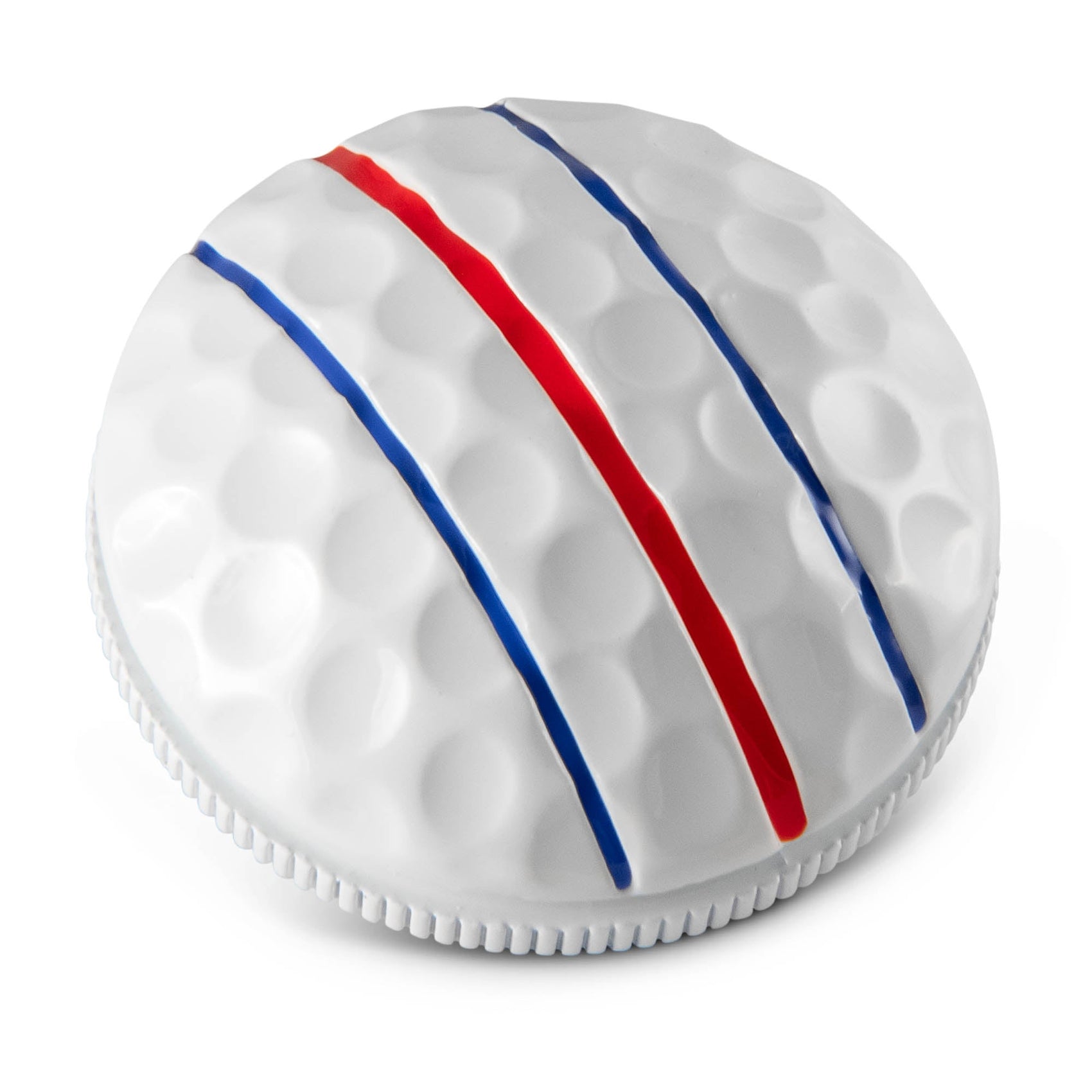 The OnPointGolf.us Three Rail Ball Marker is a white, round, dimpled marker with two red and one blue stripe, designed to resemble a golf ball and help improve your putting accuracy.