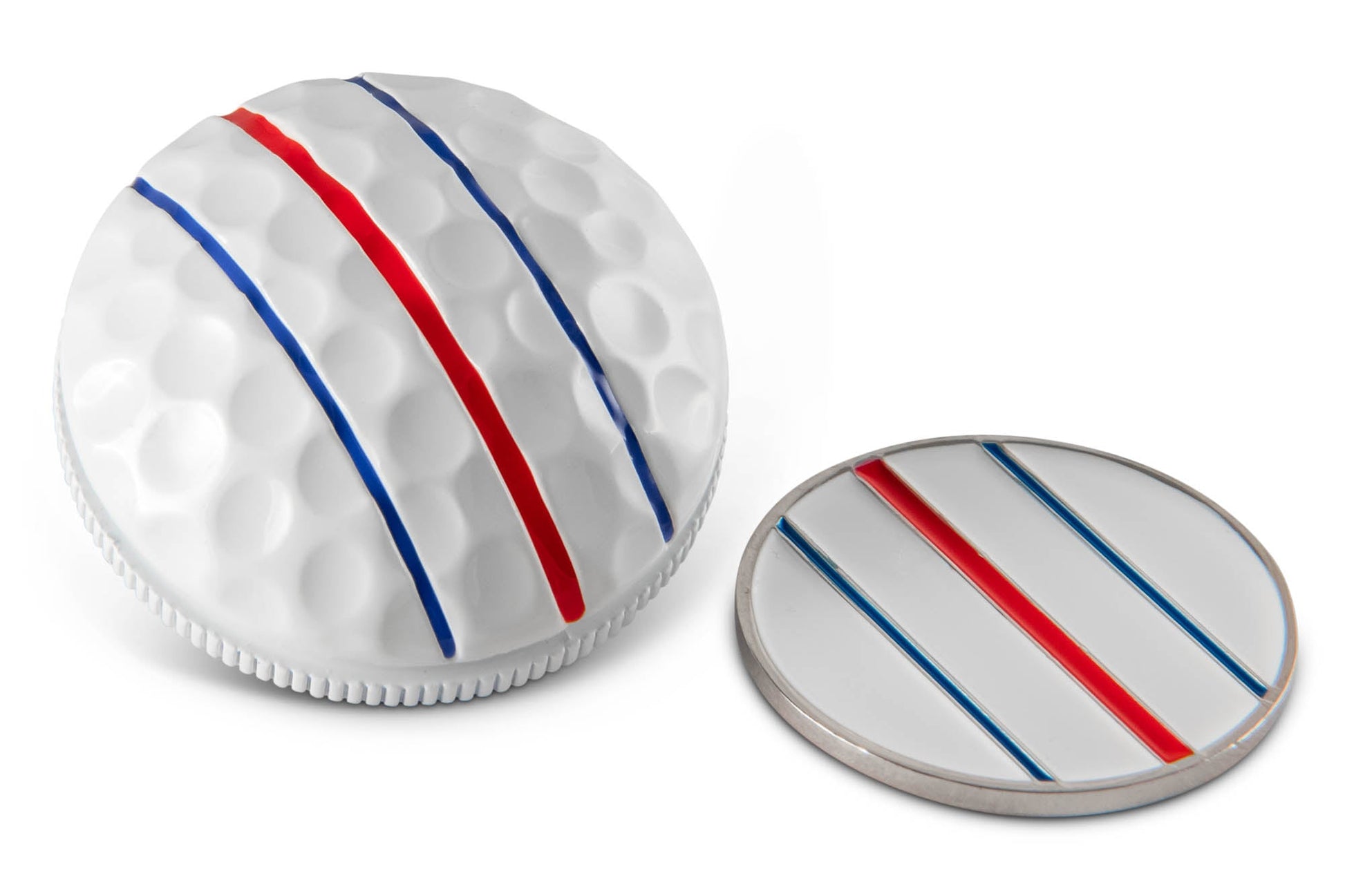 The OnPointGolf.us Three Rail Ball Marker, with red and blue stripes, sits beside a matching white, dimpled golf ball and serves as an effective alignment tool for improved accuracy.