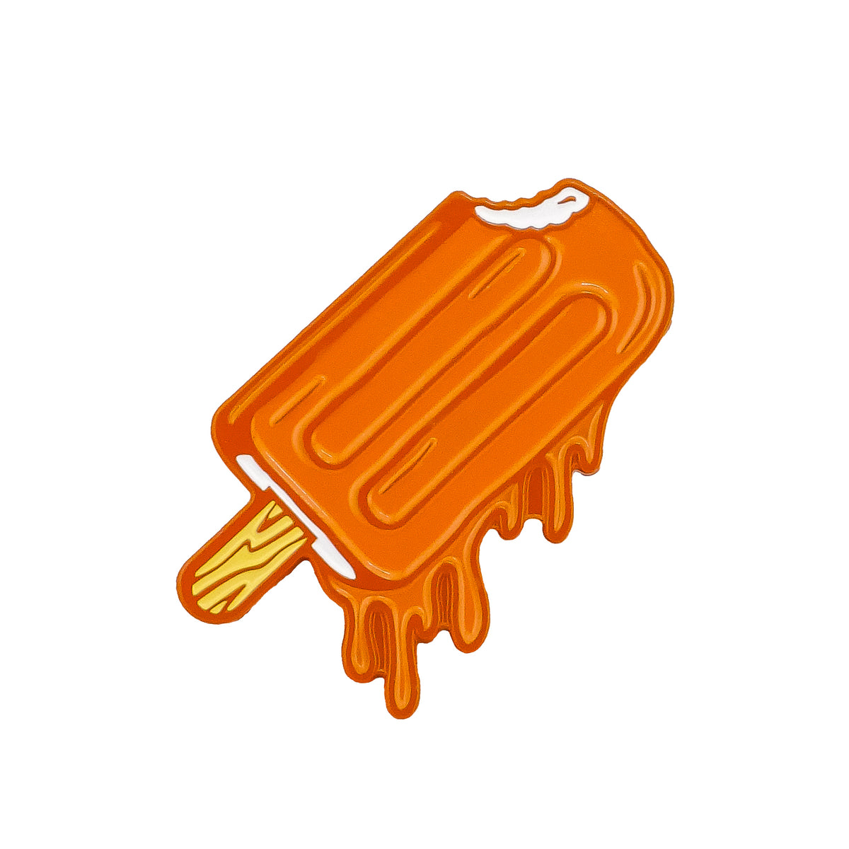 An illustration of an orange popsicle with a bite taken out, melting on a white background—perfect as the Orange Dreamsicle Ball Marker from Ballmarkers.com.