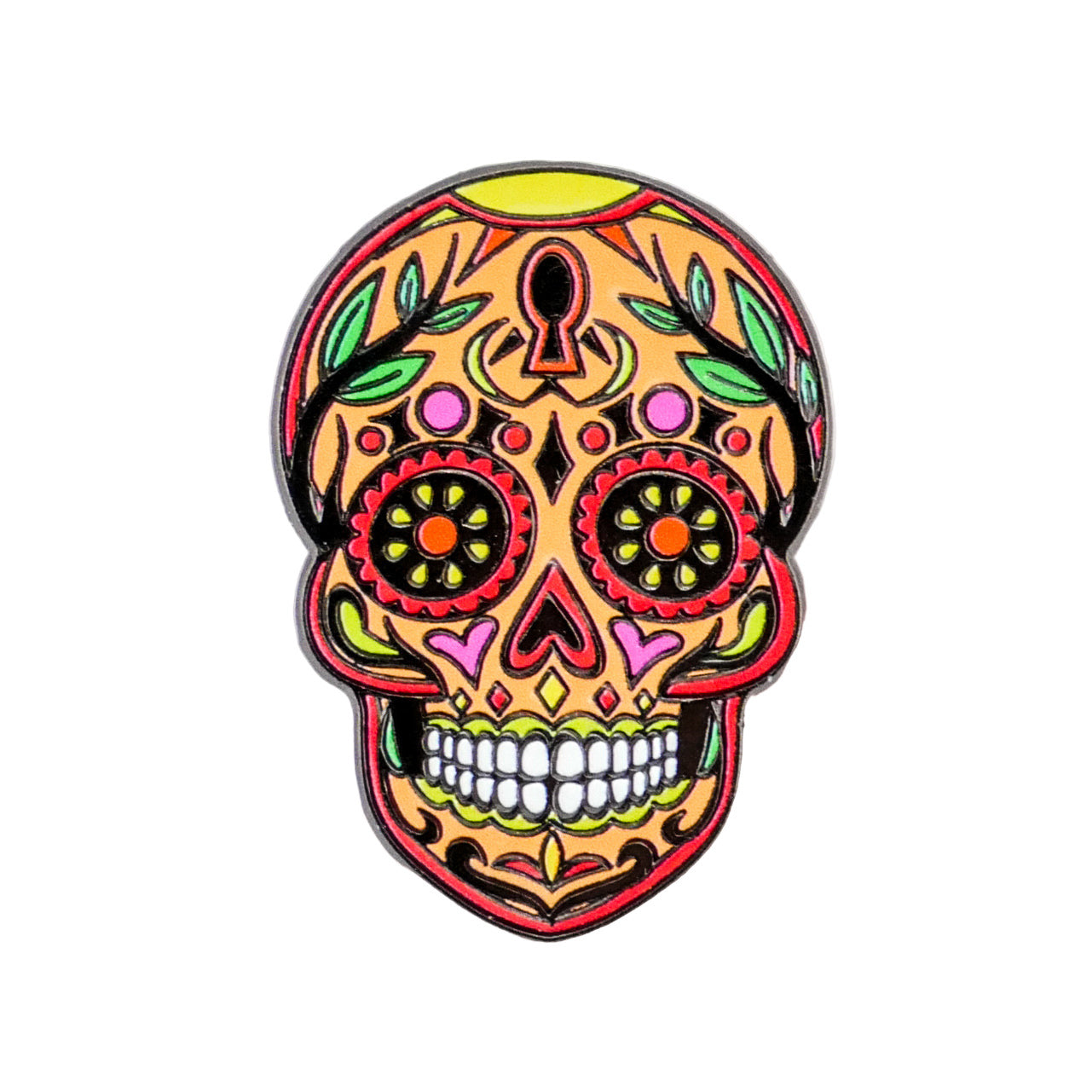The Logie Joe's Golf Orange Sugar Skull ball marker features vibrant patterns, floral designs, and heart shapes inspired by Día de los Muertos—an eye-catching addition to your premium golf accessories collection.