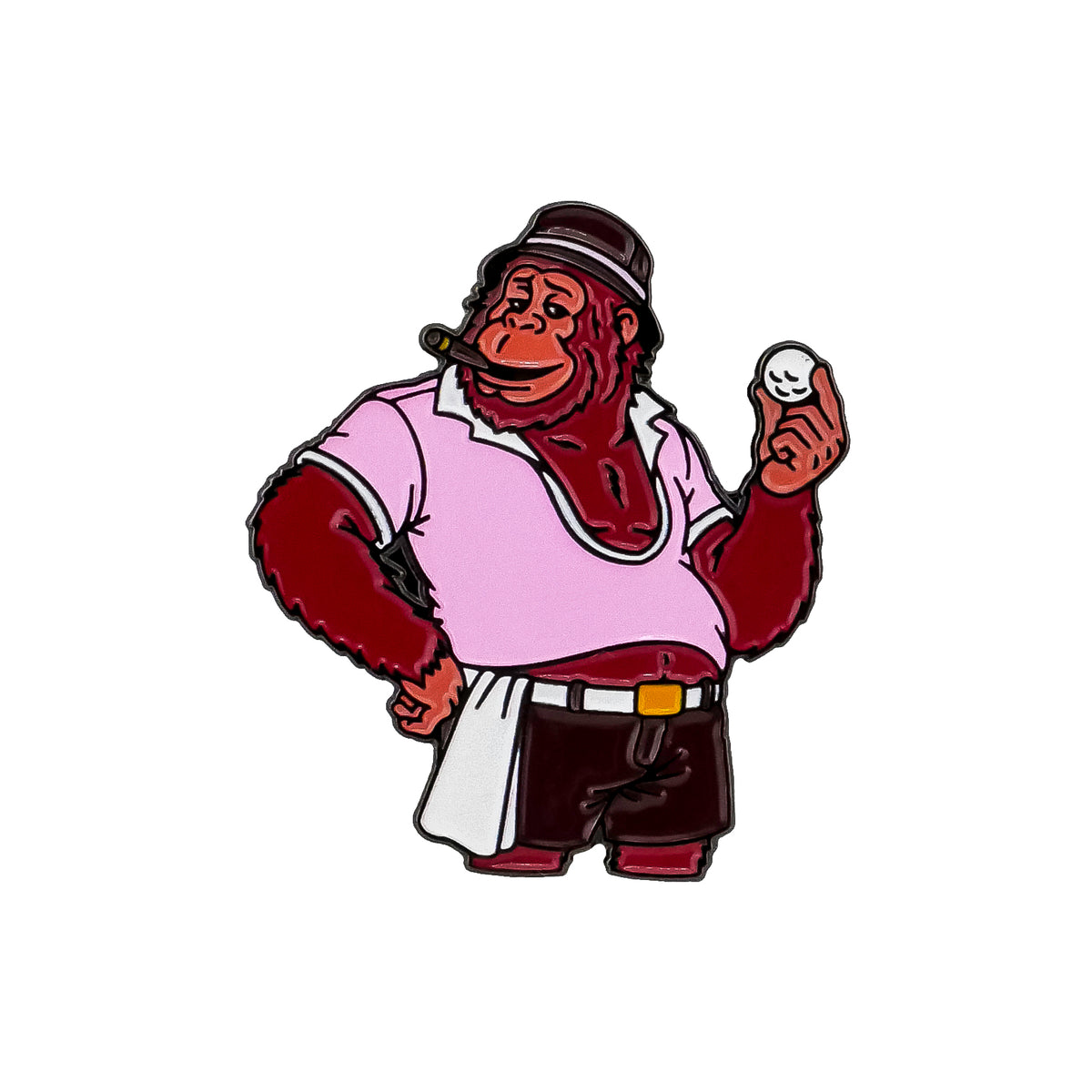An elderly orangutan wearing a pink shirt, black hat, and white towel, holding a cigar and the Elderly Orangutan Ball Marker by Ballmarkers.com, smiling confidently.