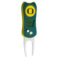The Switchfix ACC College Divot Tool with Ball Marker features a green and yellow design, a large O logo, textured grip, two small buttons, metal forked end, and an easy-to-use magnetic ball marker.
