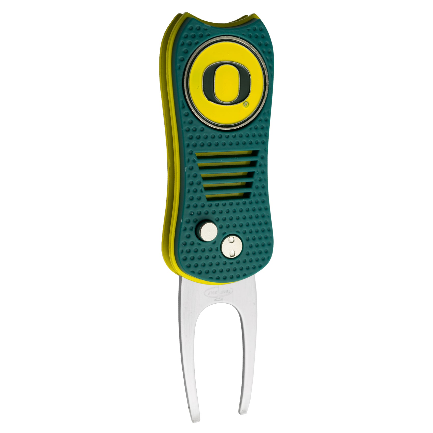 The Switchfix ACC College Divot Tool with Ball Marker features a green and yellow design, a large O logo, textured grip, two small buttons, metal forked end, and an easy-to-use magnetic ball marker.