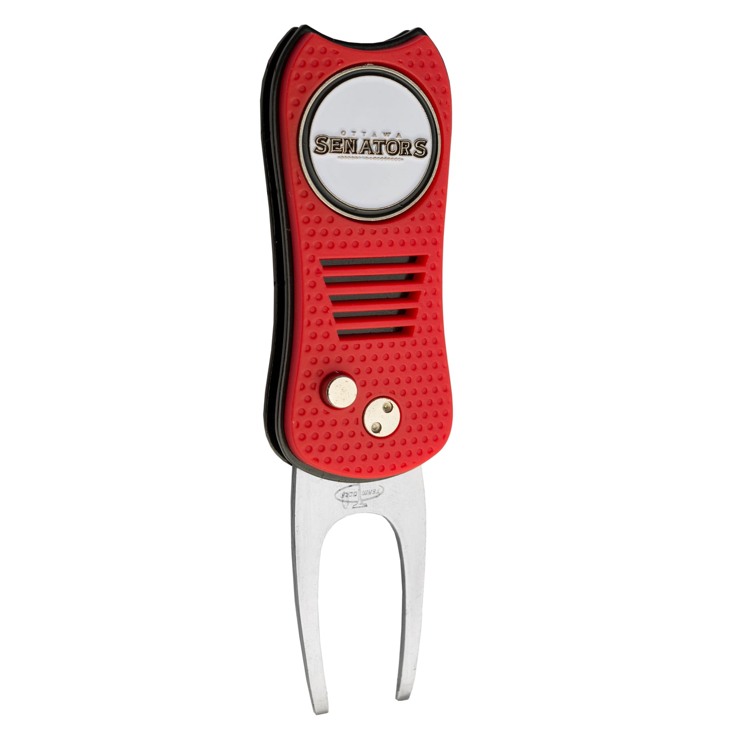 The Ballmarkers.com NHL Switchfix Divot Tool with Ball Marker features a red and black Ottawa Senators design, switchblade mechanism, circular team logo, two gold buttons, metal prongs, and a magnetic ball marker.
