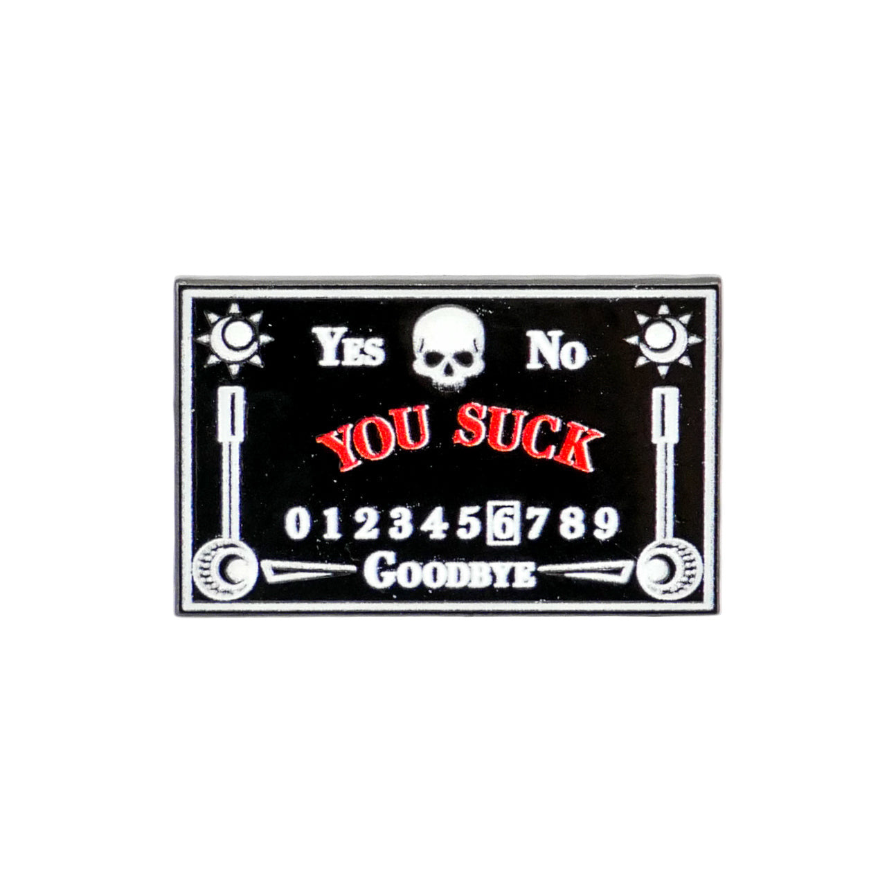 The Logie Joe's Golf Ouija Board ball marker features a black and white design with a skull, YES/NO at the top, "YOU SUCK" in red, numbers 0-9, and GOODBYE at the bottom—one of the funniest golf ball markers around.