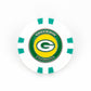 A white golf poker chip marker with green accents featuring the Green Bay Packers logo and "Green Bay Packers" in green and yellow, just like the NFL ball markers from Ballmarkers.com.