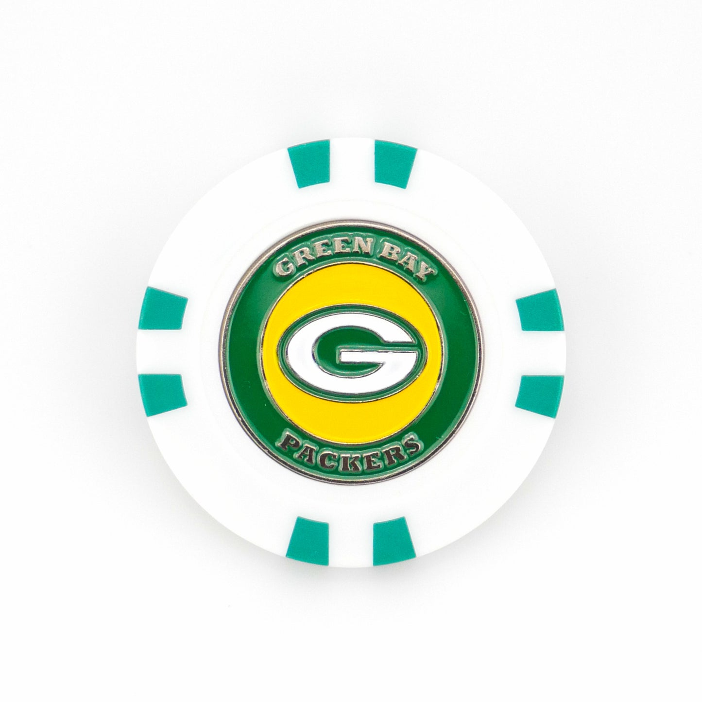 A white golf poker chip marker with green accents featuring the Green Bay Packers logo and "Green Bay Packers" in green and yellow, just like the NFL ball markers from Ballmarkers.com.