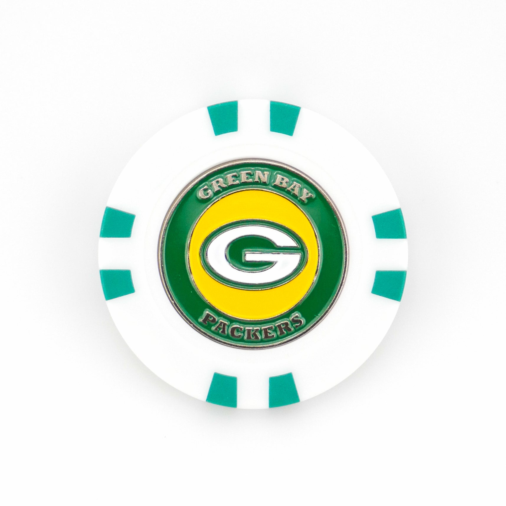 A white golf poker chip marker with green accents featuring the Green Bay Packers logo and "Green Bay Packers" in green and yellow, just like the NFL ball markers from Ballmarkers.com.