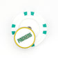 A white golf poker chip marker with green accents and a metal coin on top featuring "Green Bay Packers" in green letters outlined in yellow. From Ballmarkers.com, it's the perfect accessory for NFL fans out on the green.