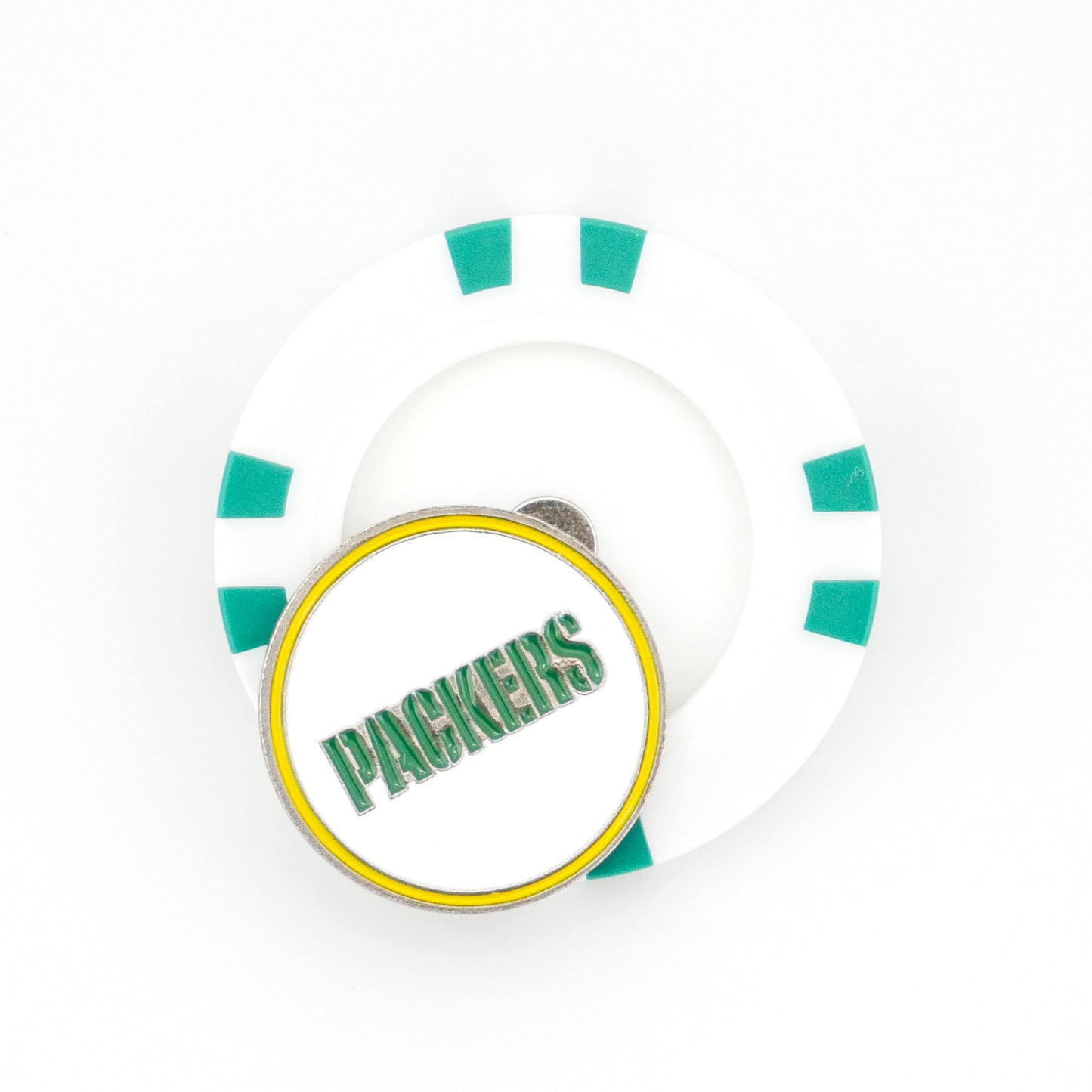 A white golf poker chip marker with green accents and a metal coin on top featuring "Green Bay Packers" in green letters outlined in yellow. From Ballmarkers.com, it's the perfect accessory for NFL fans out on the green.