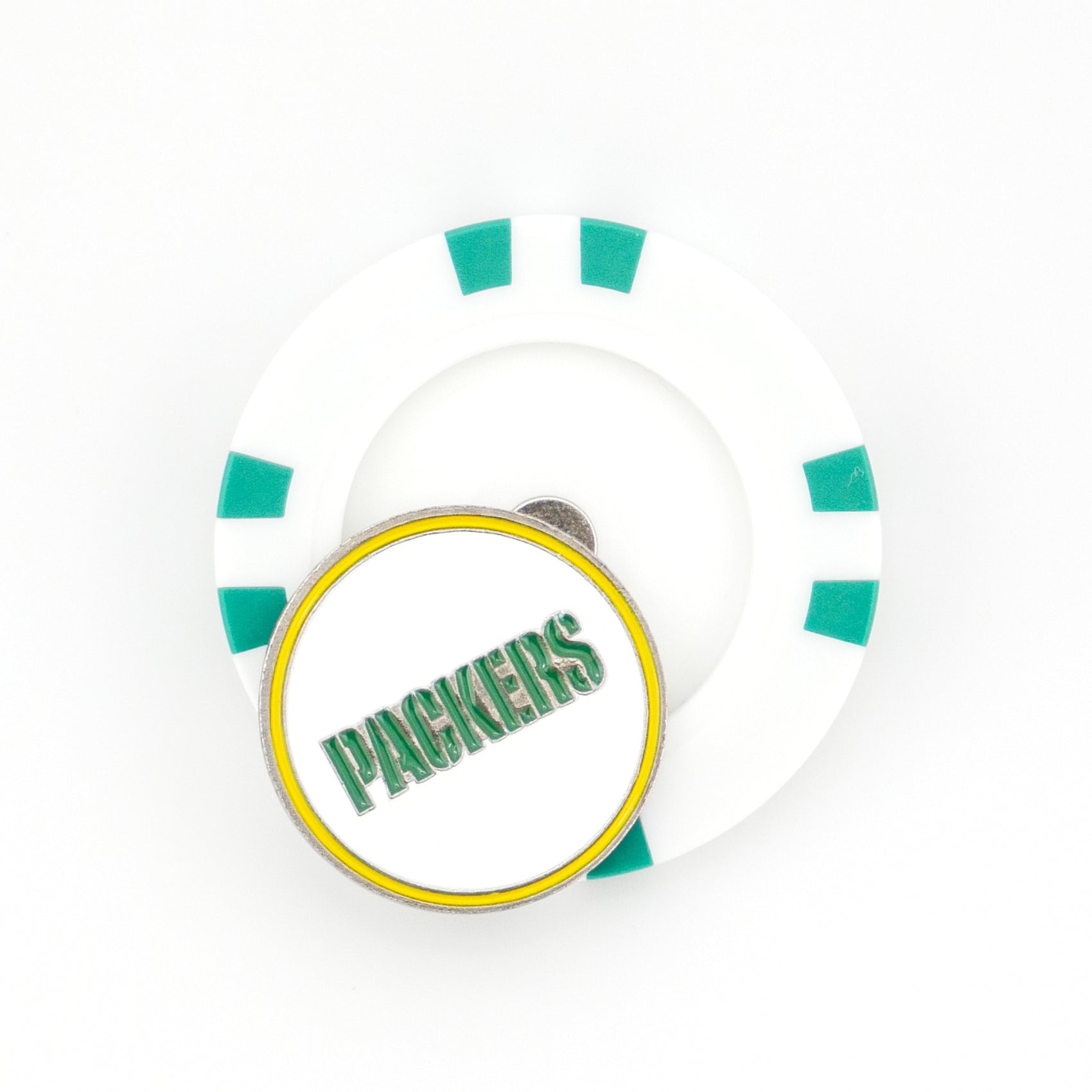 A white golf poker chip marker with green accents and a metal coin on top featuring "Green Bay Packers" in green letters outlined in yellow. From Ballmarkers.com, it's the perfect accessory for NFL fans out on the green.