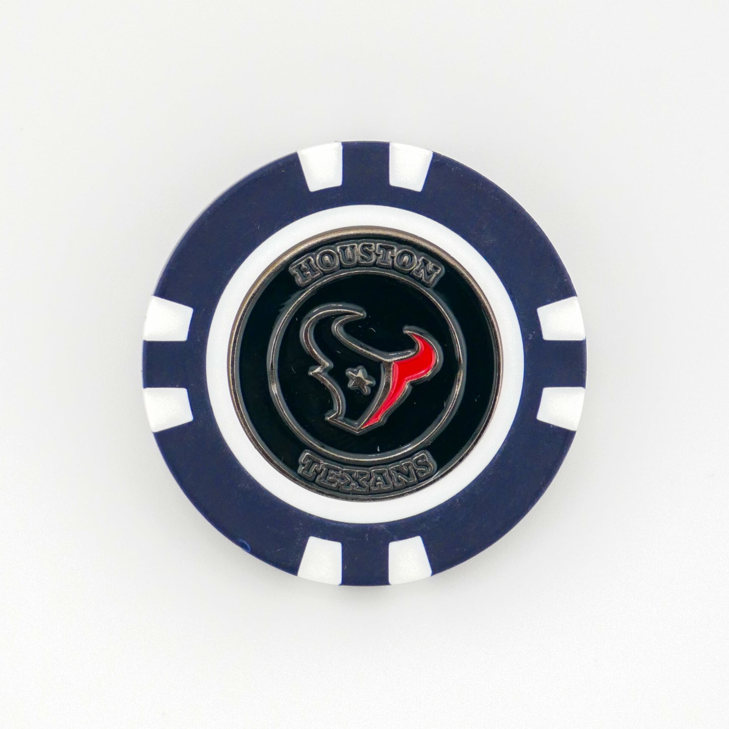 A blue and white poker chip-style marker by Ballmarkers from Logie Joes featuring the Houston Texans logo and team name on a black center, shown on a plain white background.