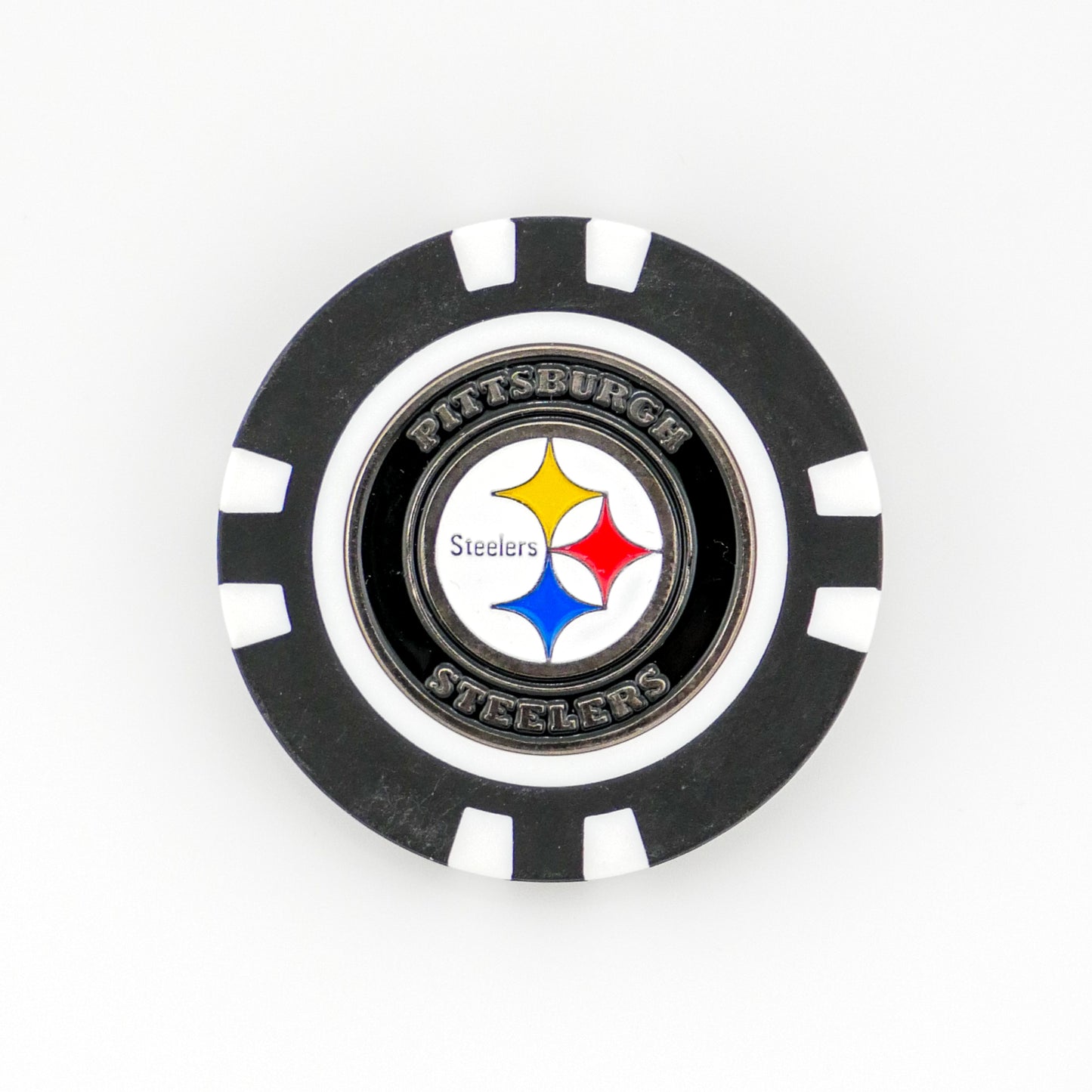 A black and white ball marker by Ballmarkers from Logie Joes, featuring the Pittsburgh Steelers name and logo in silver on a white background. Ideal NFL golf accessory for Steelers fans and enthusiasts.