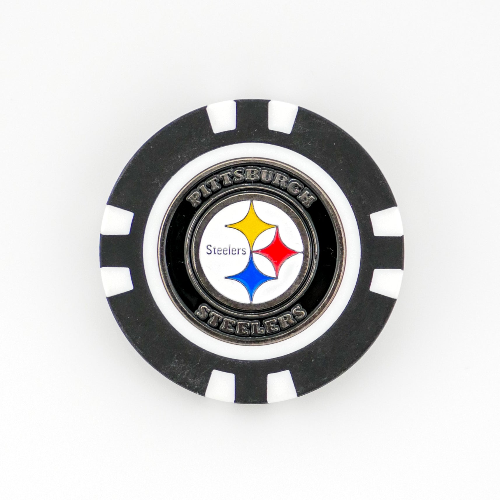A black and white ball marker by Ballmarkers from Logie Joes, featuring the Pittsburgh Steelers name and logo in silver on a white background. Ideal NFL golf accessory for Steelers fans and enthusiasts.