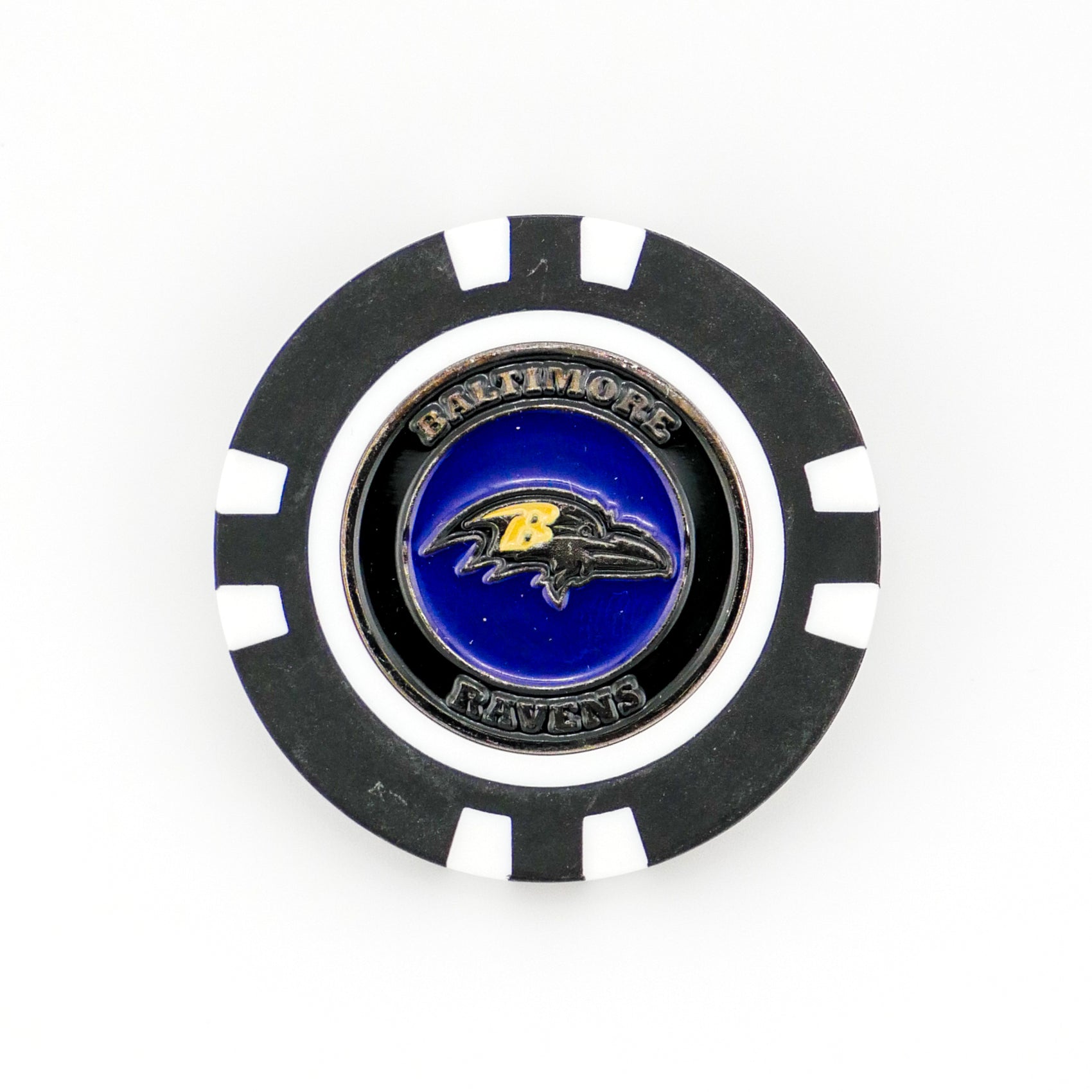 Show your team pride on the golf course with Ballmarkers by Logie Joes Baltimore Ravens poker chip ball marker, featuring the team logo and name in gold and white on a striking blue background. Perfect for any Ravens fan.