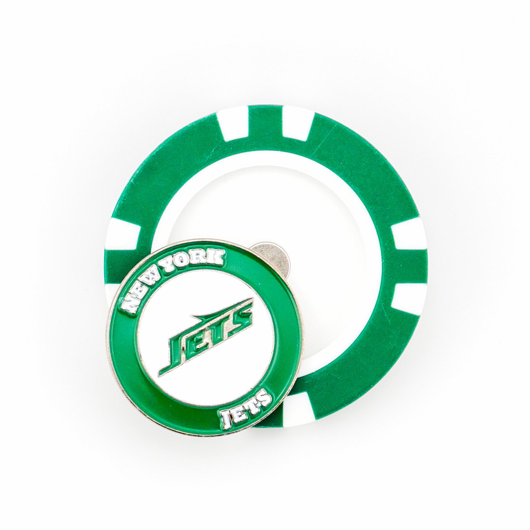 A green and white poker chip ball marker with a circular New York Jets coin on top, both featuring the team name and colors. Brand: Ballmarkers by Logie Joes.
