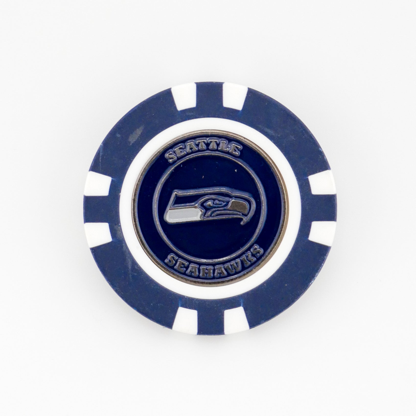 The Seattle Seahawks ball marker by Ballmarkers.com is a blue and white poker chip-style marker with the team logo and "Seattle Seahawks" around it—a great NFL golf accessory for fans.