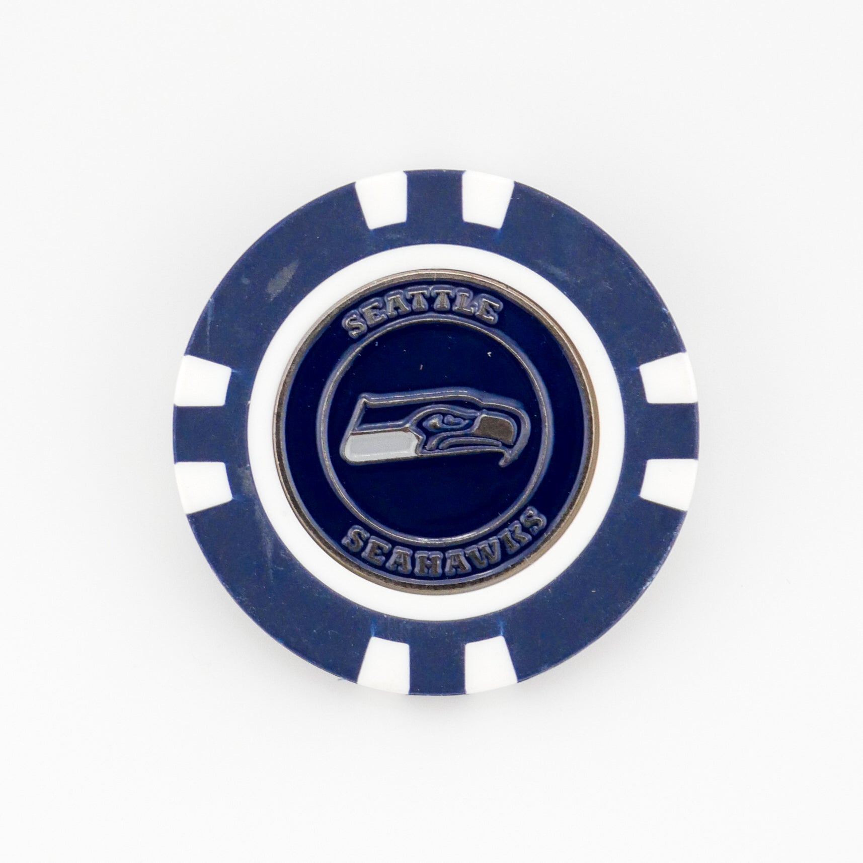 The Seattle Seahawks ball marker by Ballmarkers.com is a blue and white poker chip-style marker with the team logo and "Seattle Seahawks" around it—a great NFL golf accessory for fans.