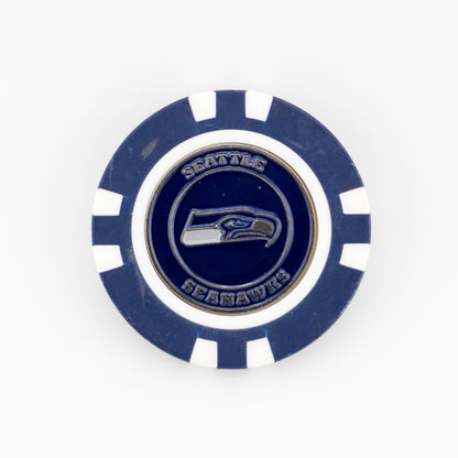 The Seattle Seahawks ball marker by Ballmarkers.com is a blue and white poker chip-style marker with the team logo and "Seattle Seahawks" around it—a great NFL golf accessory for fans.