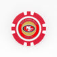 A red and white poker chip golf ball marker from Ballmarkers.com features the San Francisco 49ers logo in the center with "San Francisco 49ers" written around it.