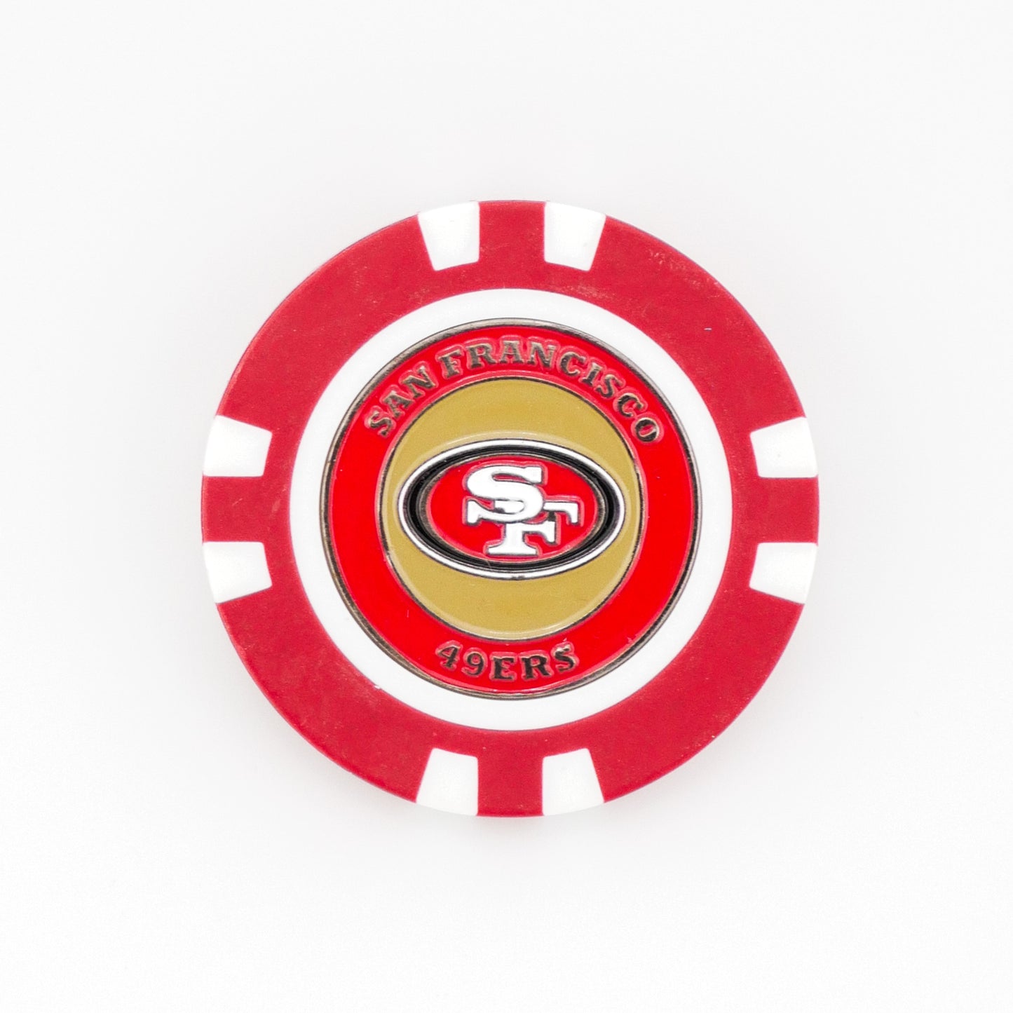 A red and white poker chip golf ball marker from Ballmarkers.com features the San Francisco 49ers logo in the center with "San Francisco 49ers" written around it.