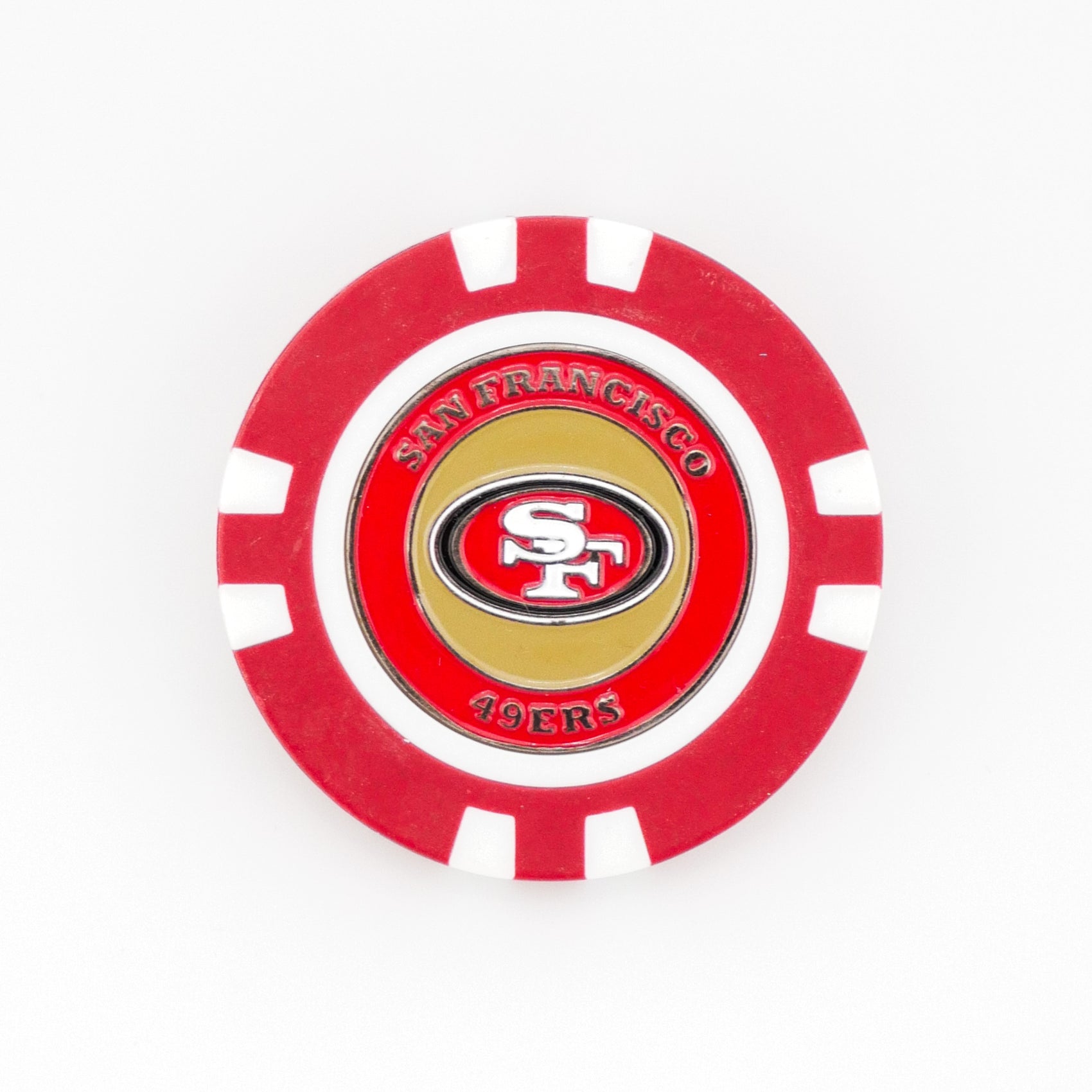 A red and white poker chip golf ball marker from Ballmarkers.com features the San Francisco 49ers logo in the center with "San Francisco 49ers" written around it.