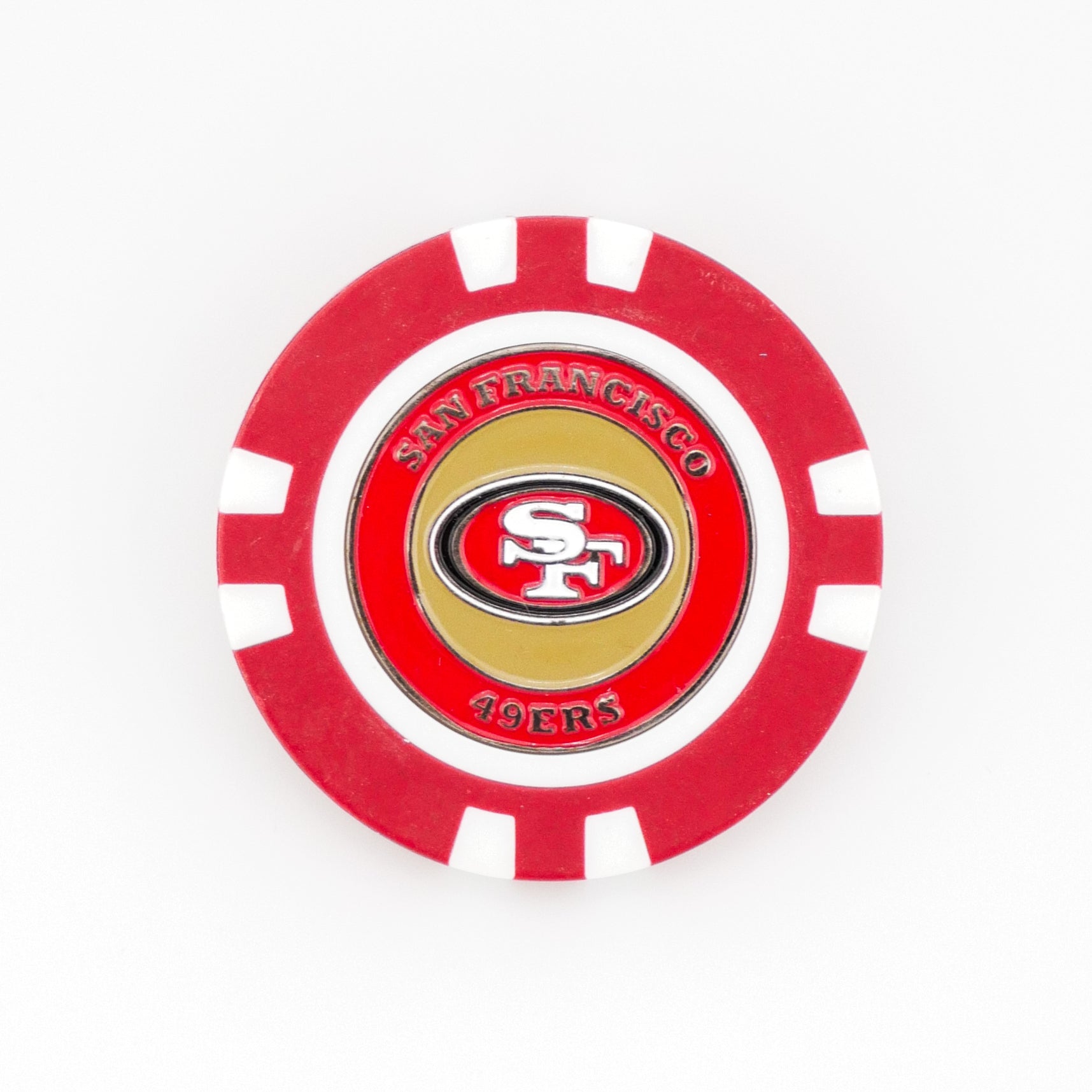 A red and white poker chip golf ball marker from Ballmarkers.com features the San Francisco 49ers logo in the center with "San Francisco 49ers" written around it.
