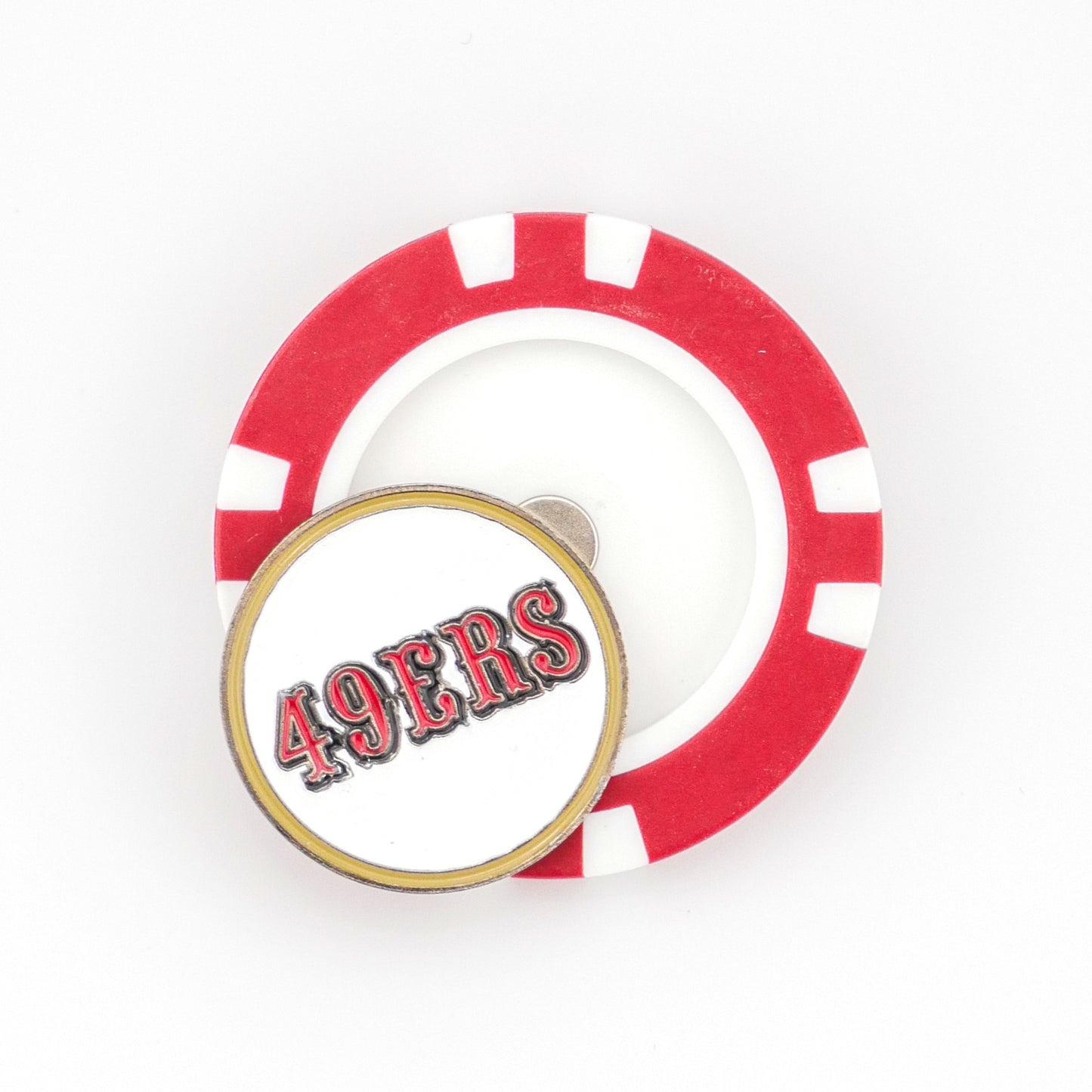 A red and white San Francisco 49ers poker chip ball marker from Ballmarkers.com features a circular pin with "49ERS" in red and black on a white background.