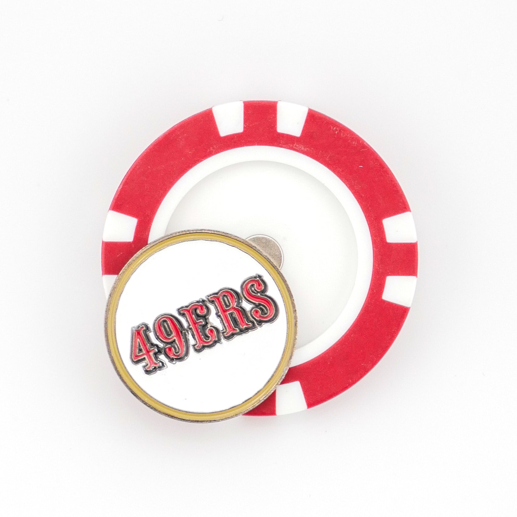 A red and white San Francisco 49ers poker chip ball marker from Ballmarkers.com features a circular pin with "49ERS" in red and black on a white background.