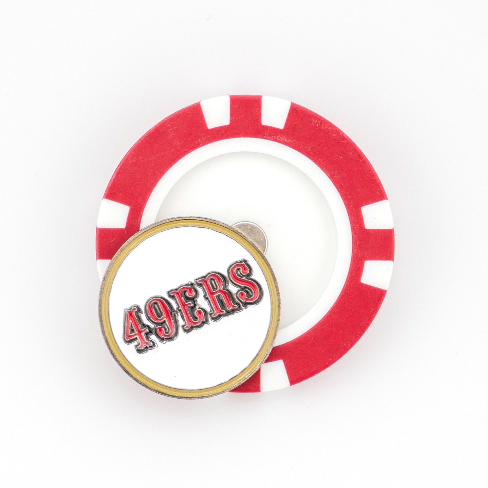 A red and white San Francisco 49ers poker chip ball marker from Ballmarkers.com features a circular pin with "49ERS" in red and black on a white background.