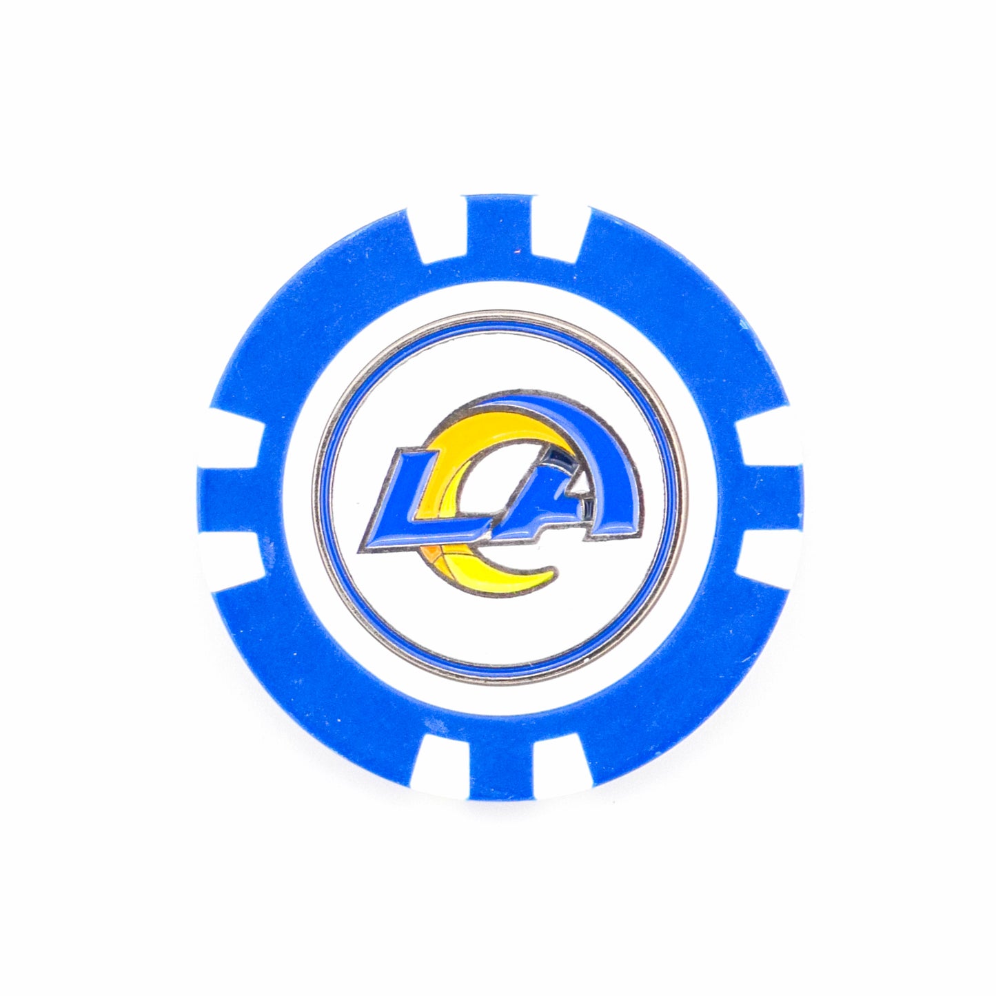 Show off your team spirit with the Los Angeles Rams ball marker from Ballmarkers.com, featuring a blue and white poker chip design and LA's logo with a yellow horn—perfect for any golf-loving NFL fan.