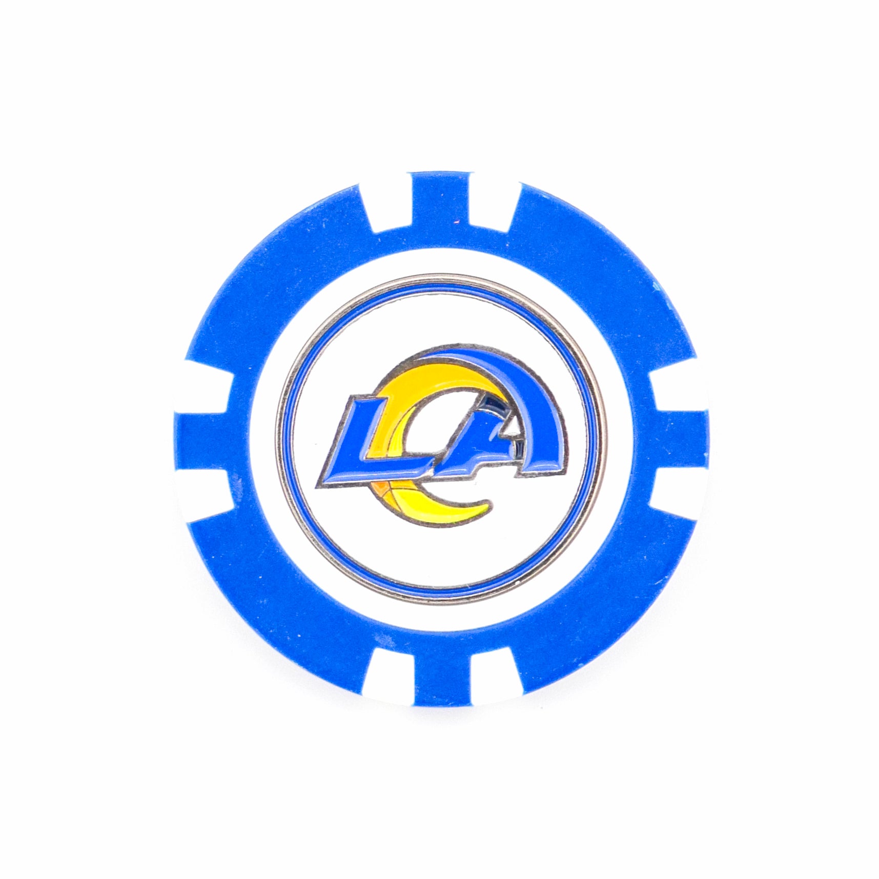Show off your team spirit with the Los Angeles Rams ball marker from Ballmarkers.com, featuring a blue and white poker chip design and LA's logo with a yellow horn—perfect for any golf-loving NFL fan.