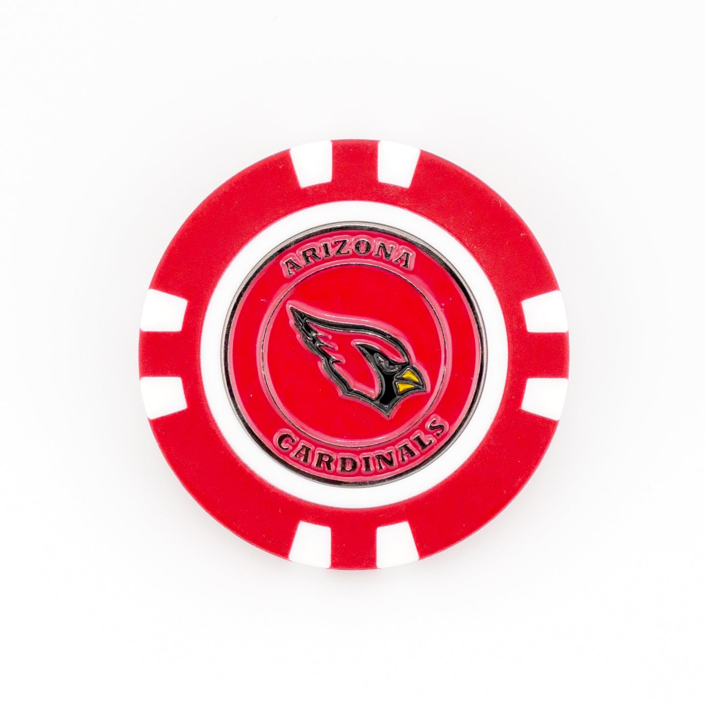The Ballmarkers.com Arizona Cardinals chip-style marker features the team logo and "Arizona Cardinals" text on a white background—ideal as an NFL golf ball marker for fans.