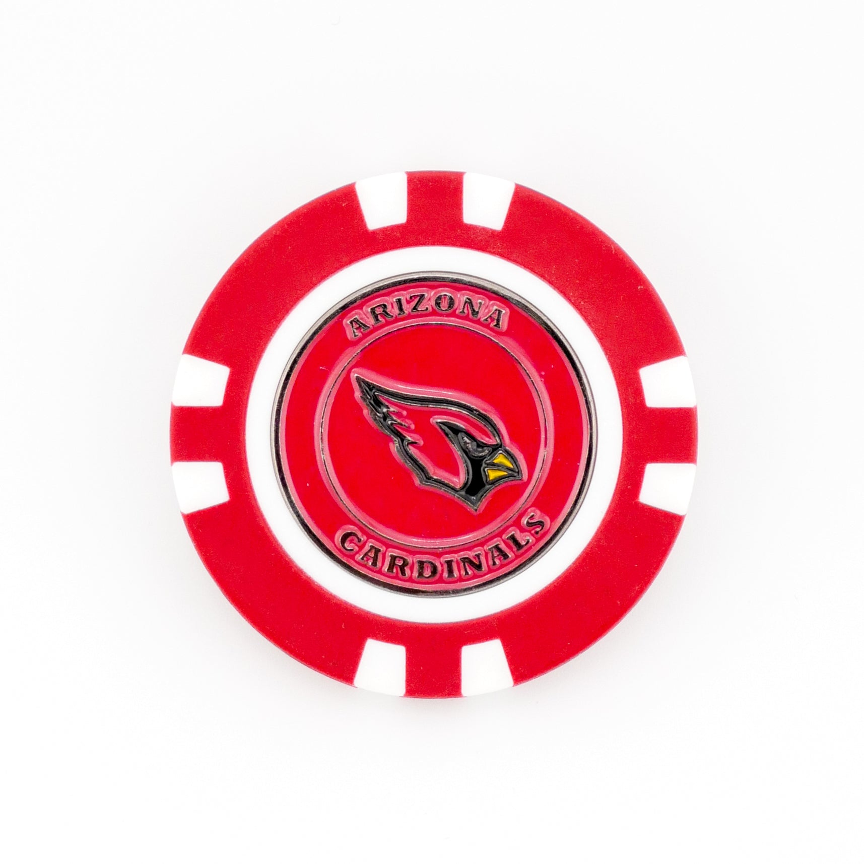 The Ballmarkers.com Arizona Cardinals chip-style marker features the team logo and "Arizona Cardinals" text on a white background—ideal as an NFL golf ball marker for fans.